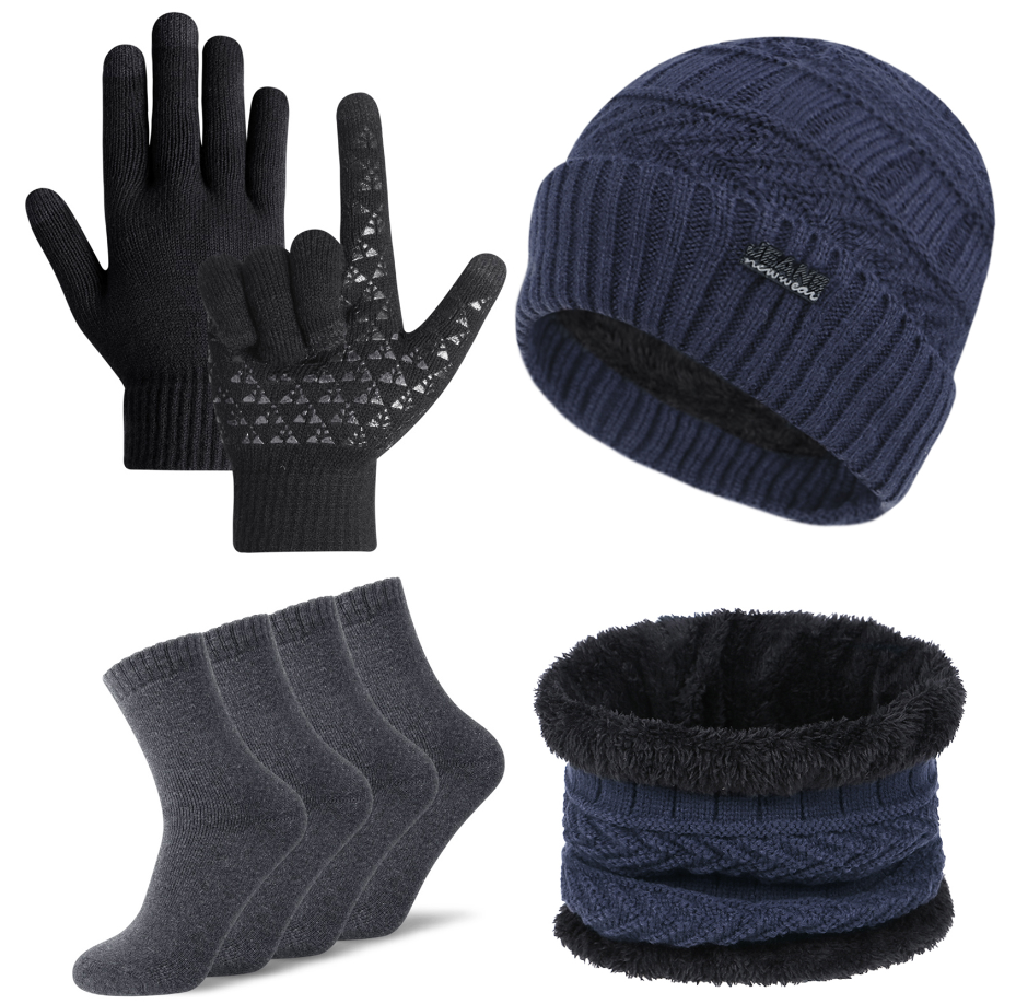5Pcs Black Winter Beanie Hats Scarf and Touch Screen Gloves Set for Men and Women