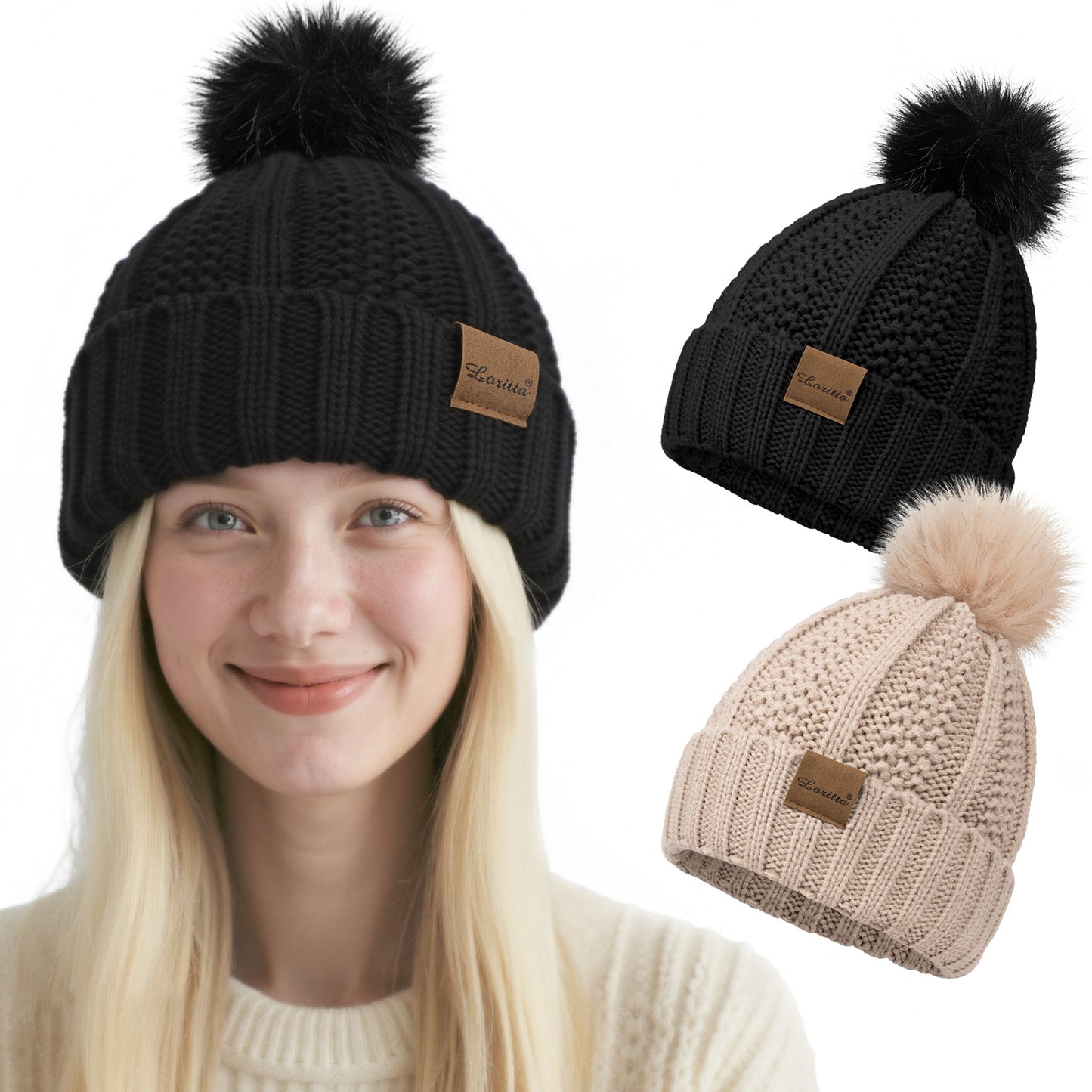 Loritta 2 Packs Womens Satin Silk Lined Beanie Hats Knit Cuffed Beanie Hat with Pom