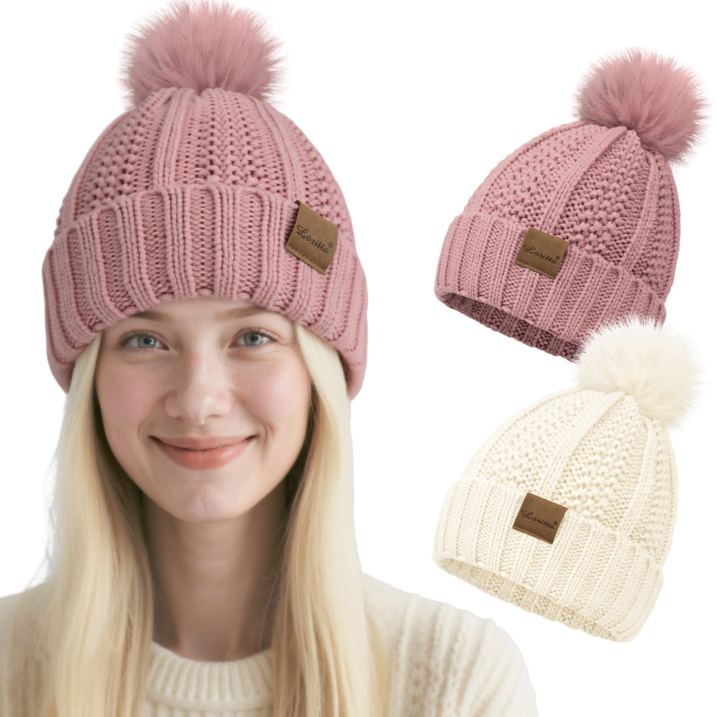Loritta 2 Packs Womens Satin Silk Lined Beanie Hats Knit Cuffed Beanie Hat with Pom