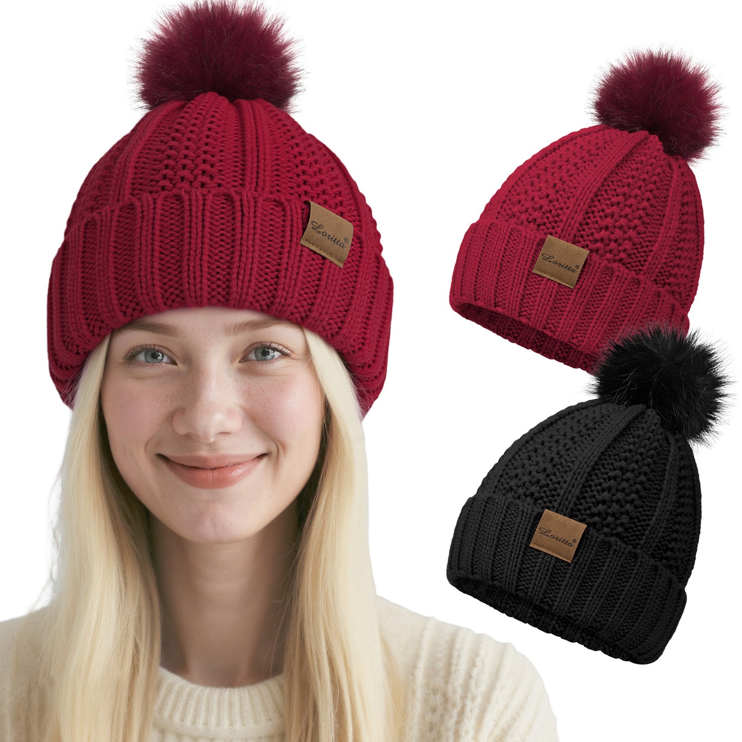 Women Satin Lined Beanie Hat Knit Cuffed Warm Winter Hats Faux Fur Pom