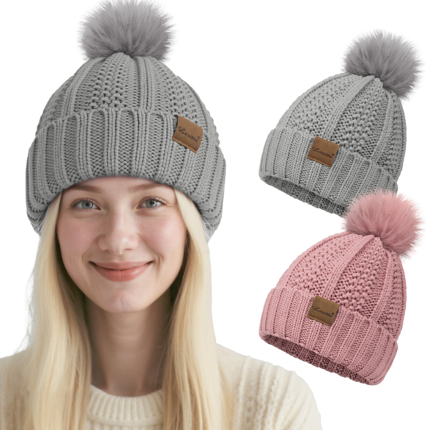 Women Satin Lined Beanie Hat Knit Cuffed Warm Winter Hats Faux Fur Pom