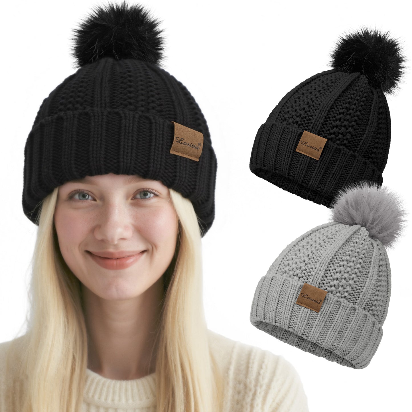 Loritta 2 Packs Womens Satin Silk Lined Beanie Hats Knit Cuffed Beanie Hat with Pom