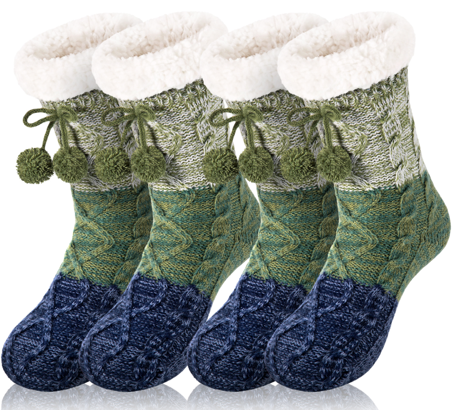 Loritta 2 Pack Womens Thick Knit Sherpa Fleece Slipper Socks Grippers
