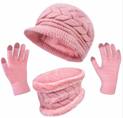Loritta 3 Pieces Winter Hat Gloves Scarf Set, Knit Warm Beanie Hat Neck Warmer Touch Screen Mittens for Women