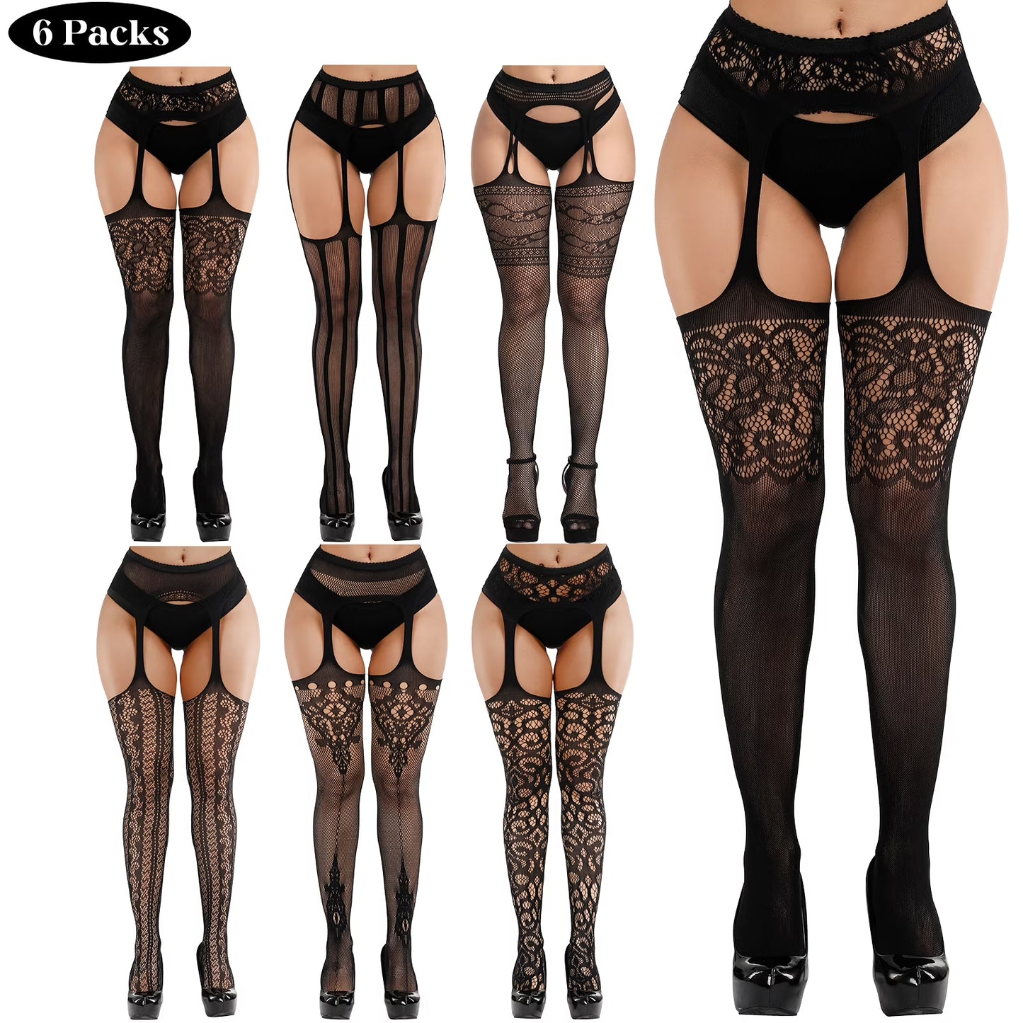 Loritta 6 Pack Women High Waist Tights Fishnet Stockings Thigh High Pantyhose