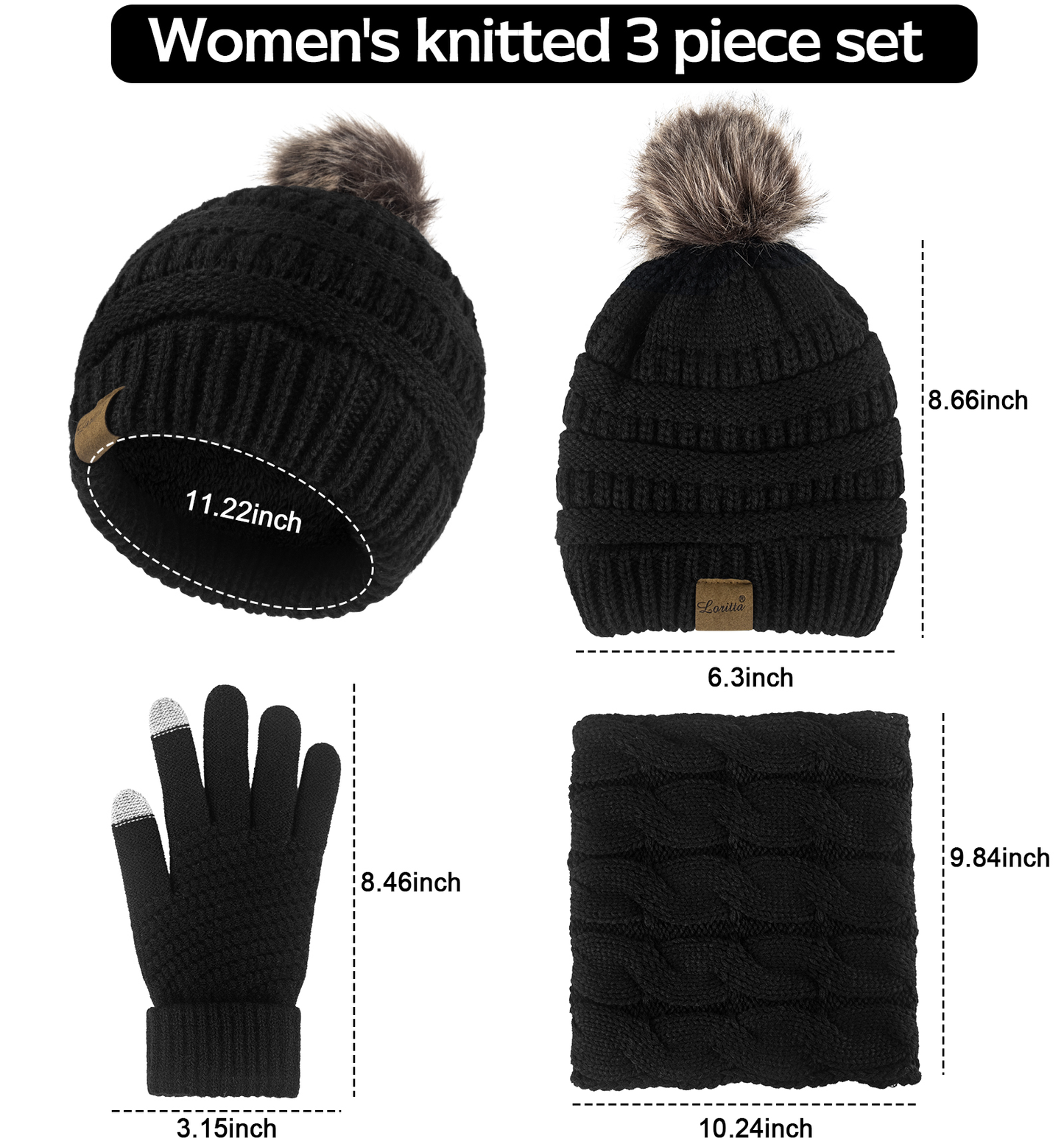 Loritta Women's Winter Warm Sets Knitted Fur Pompoms Beanie Hat Circle Loop Scarf Touch Screen Gloves Winter Favor Accessories