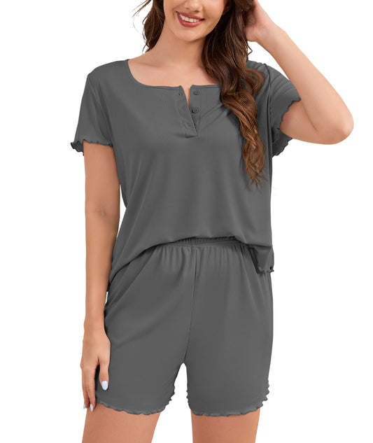 Loritta Womens Pajamas Knit Short Sleeve lounge sets 2 piece For Women Summer Gray