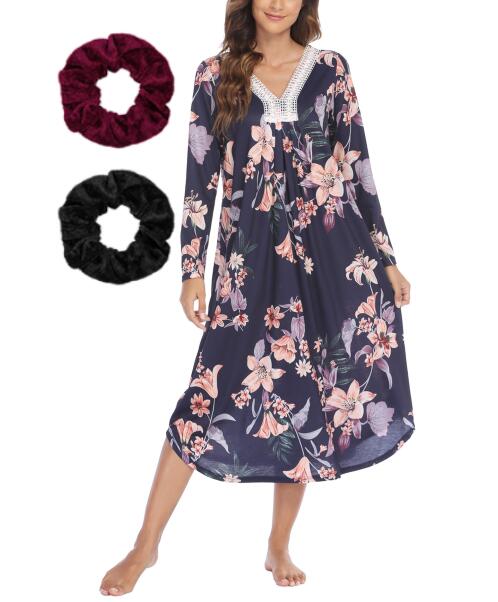 Loritta Plus Size Nightgowns for Women House Dress Long Sleeve Loungewear Moomoo Nightgowns Sleepwear, with 2 Scrunchies, Size XL-5XL