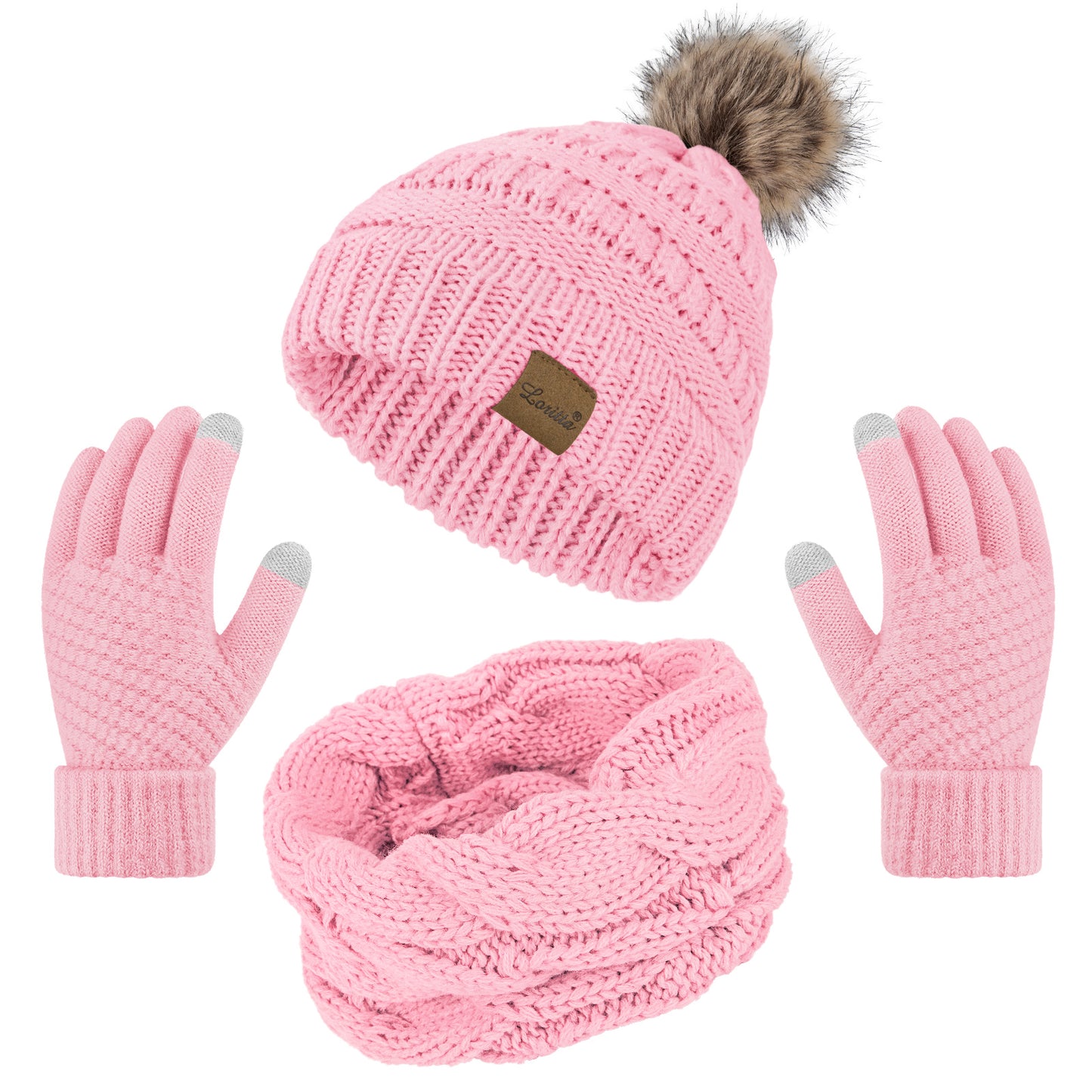 Loritta Women's Winter Warm Sets Knitted Fur Pompoms Beanie Hat Circle Loop Scarf Touch Screen Gloves Winter Favor Accessories