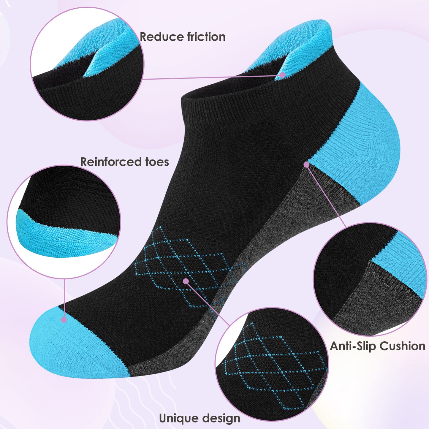 Loritta 6-piece Womens Sports Socks Cushioned Ankle Running Low cut Label Socks
