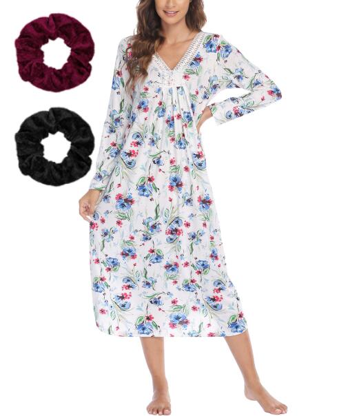 Loritta Plus Size Nightgowns for Women House Dress Long Sleeve Loungewear Moomoo Nightgowns Sleepwear, with 2 Scrunchies, Size XL-5XL