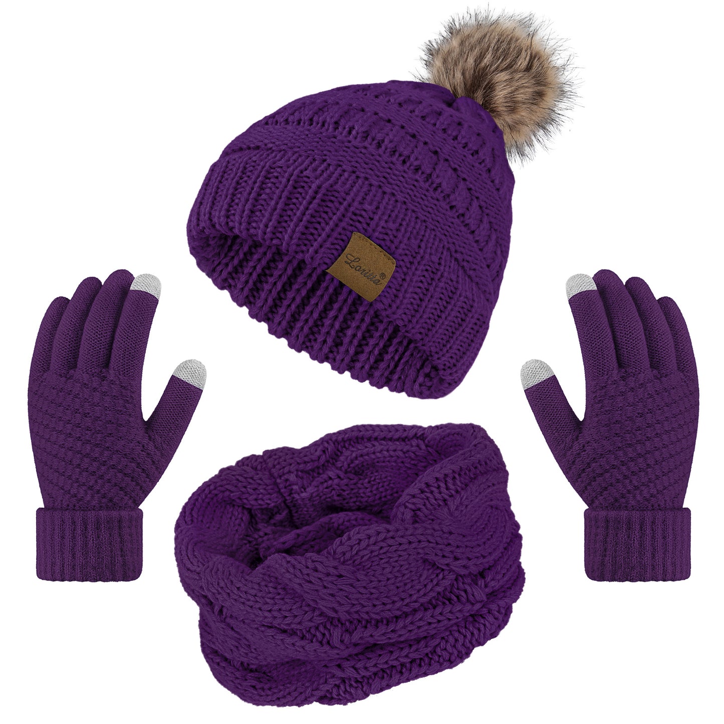 Loritta Women's Winter Warm Sets Knitted Fur Pompoms Beanie Hat Circle Loop Scarf Touch Screen Gloves Winter Favor Accessories