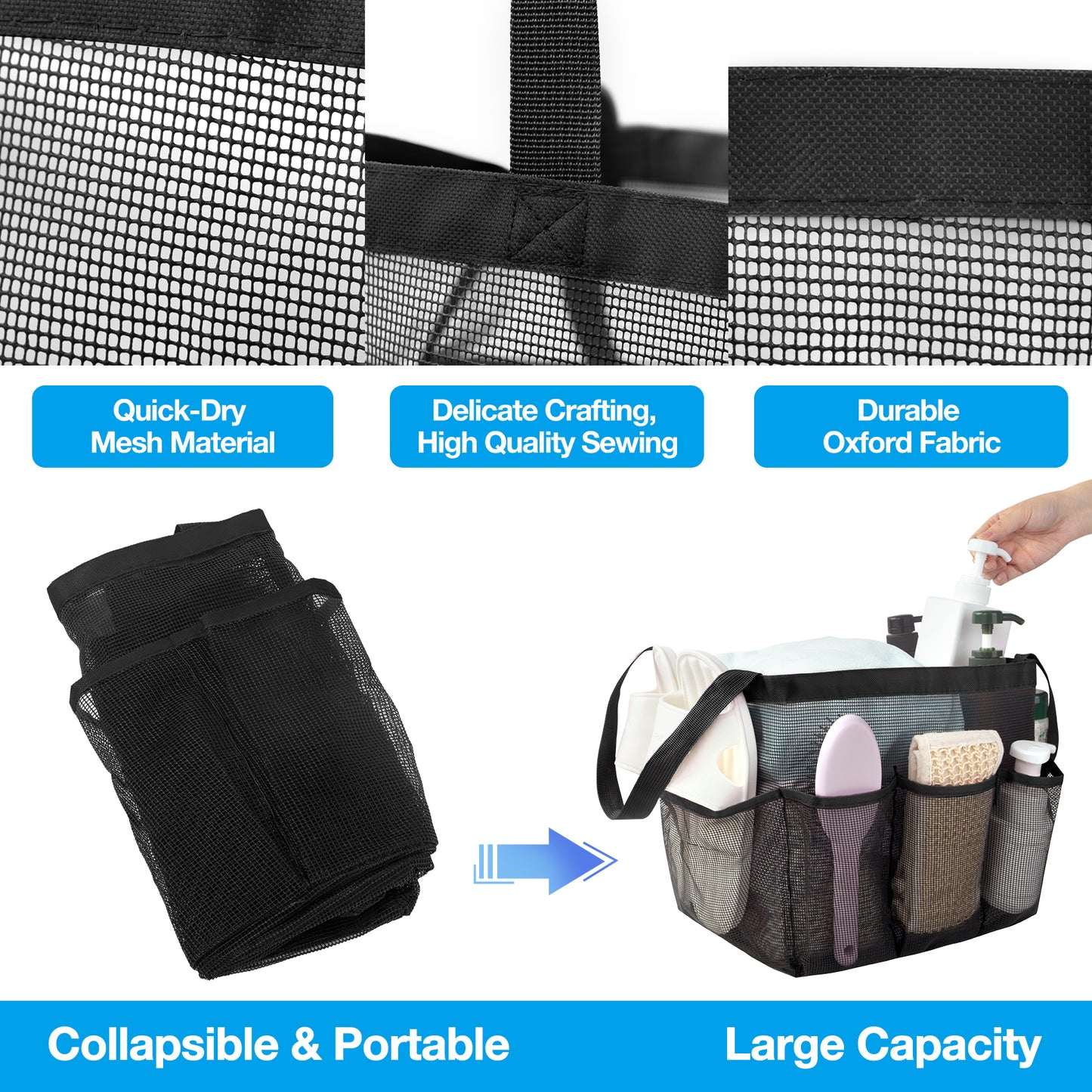 Loritta XL Mesh Shower Caddy Portable with 8 Pockets Large Capacity Quick Dry Dorm Shower Tote Bag