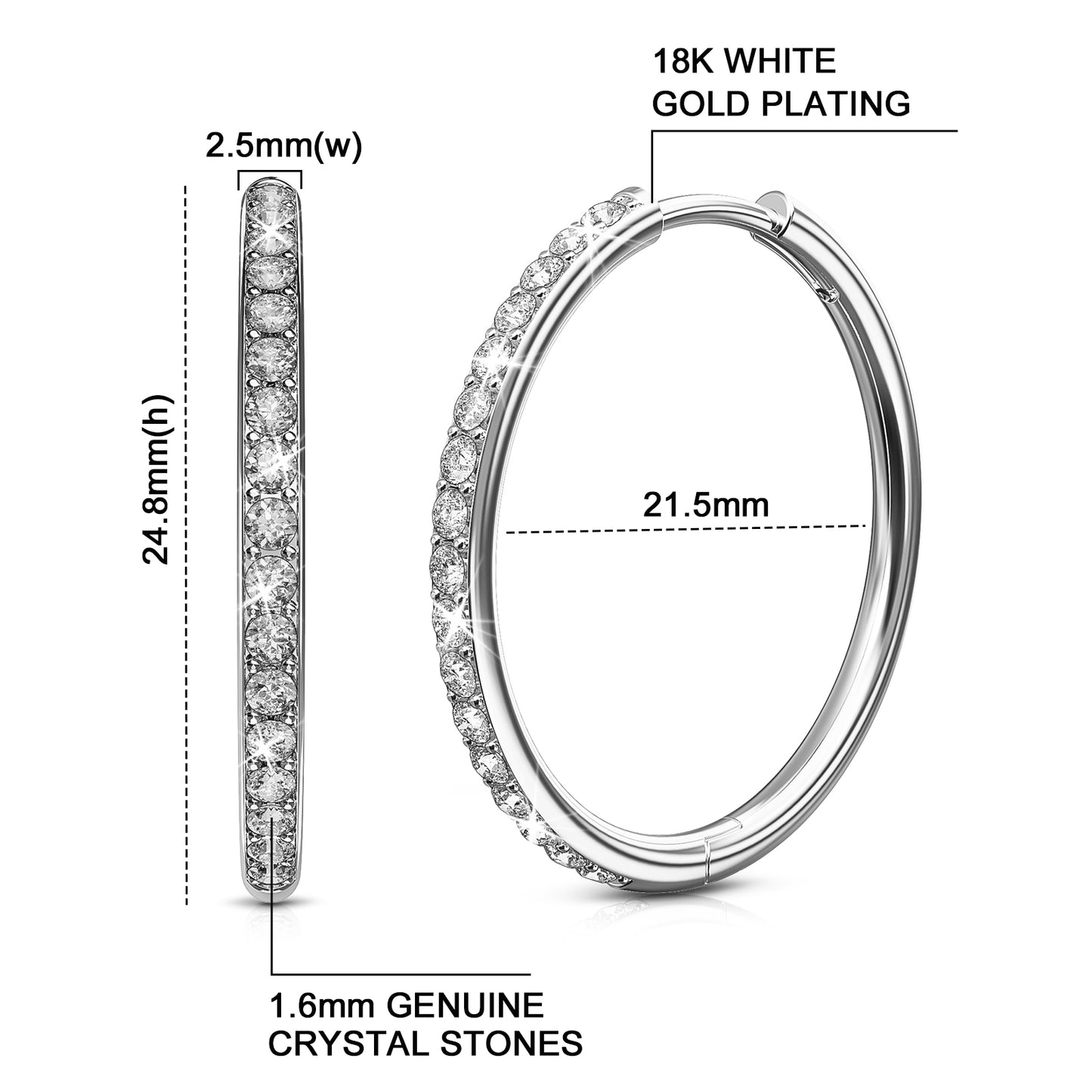 Loritta 18k White Gold Hoop Earrings Female Gewelry with Swarovski Crystals Best Gift for Mother's Day
