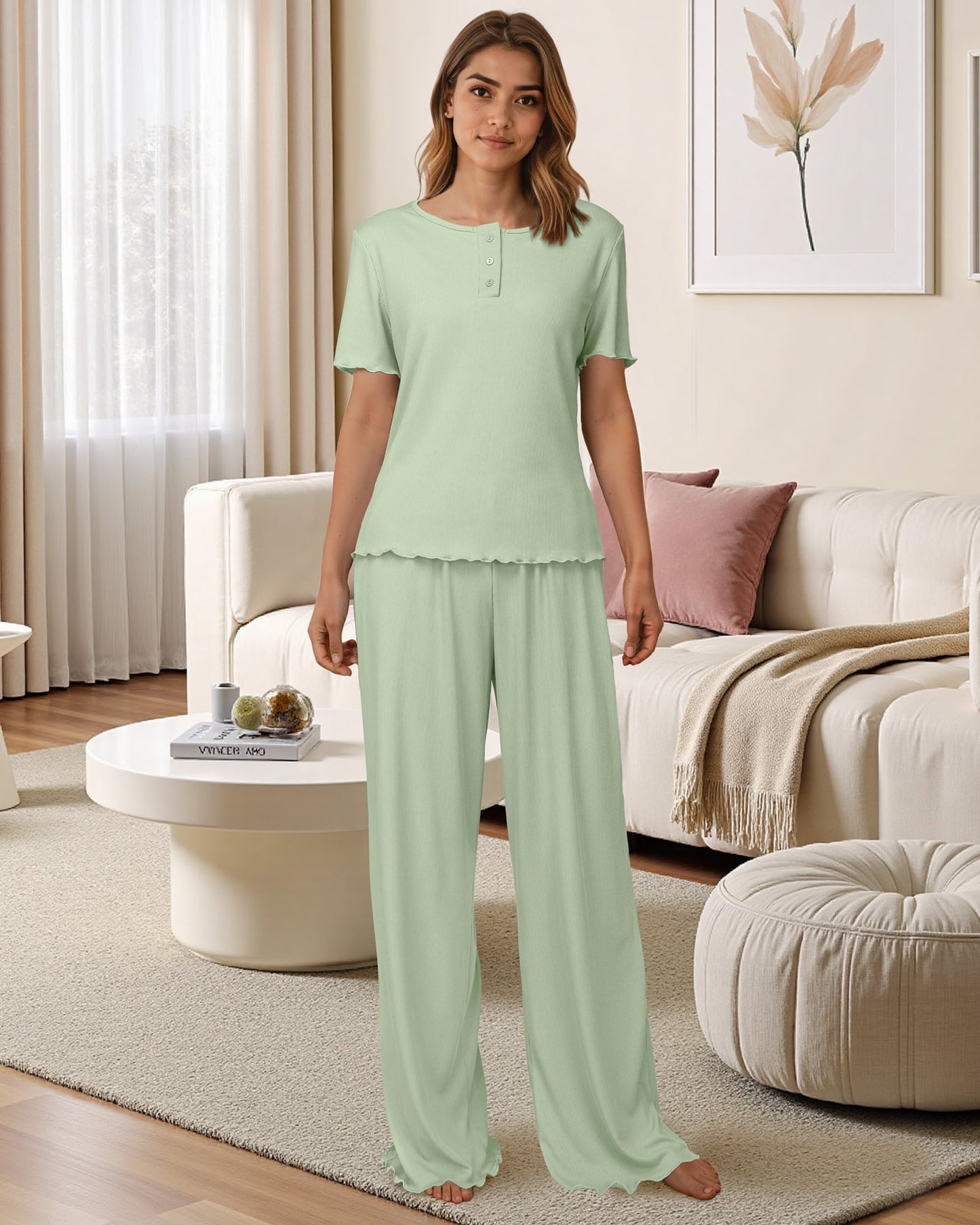 Loritta Womens Pajamas Knit Long Pants Lounge Sets 2 Piece For Women Fall Green