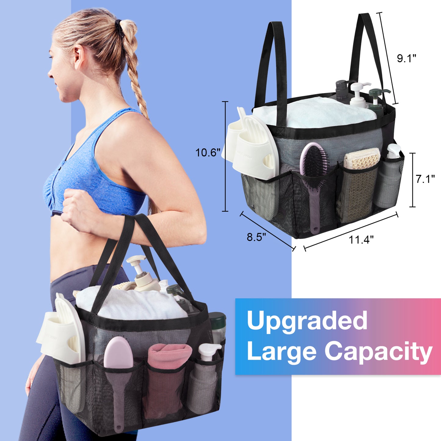 Loritta XL Mesh Shower Caddy Portable with 8 Pockets Large Capacity Quick Dry Dorm Shower Tote Bag