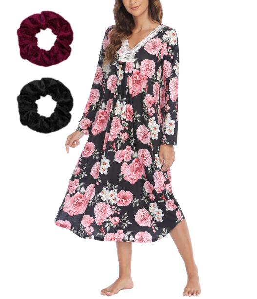 Loritta Plus Size Nightgowns for Women House Dress Long Sleeve Loungewear Moomoo Nightgowns Sleepwear, with 2 Scrunchies, Size XL-5XL