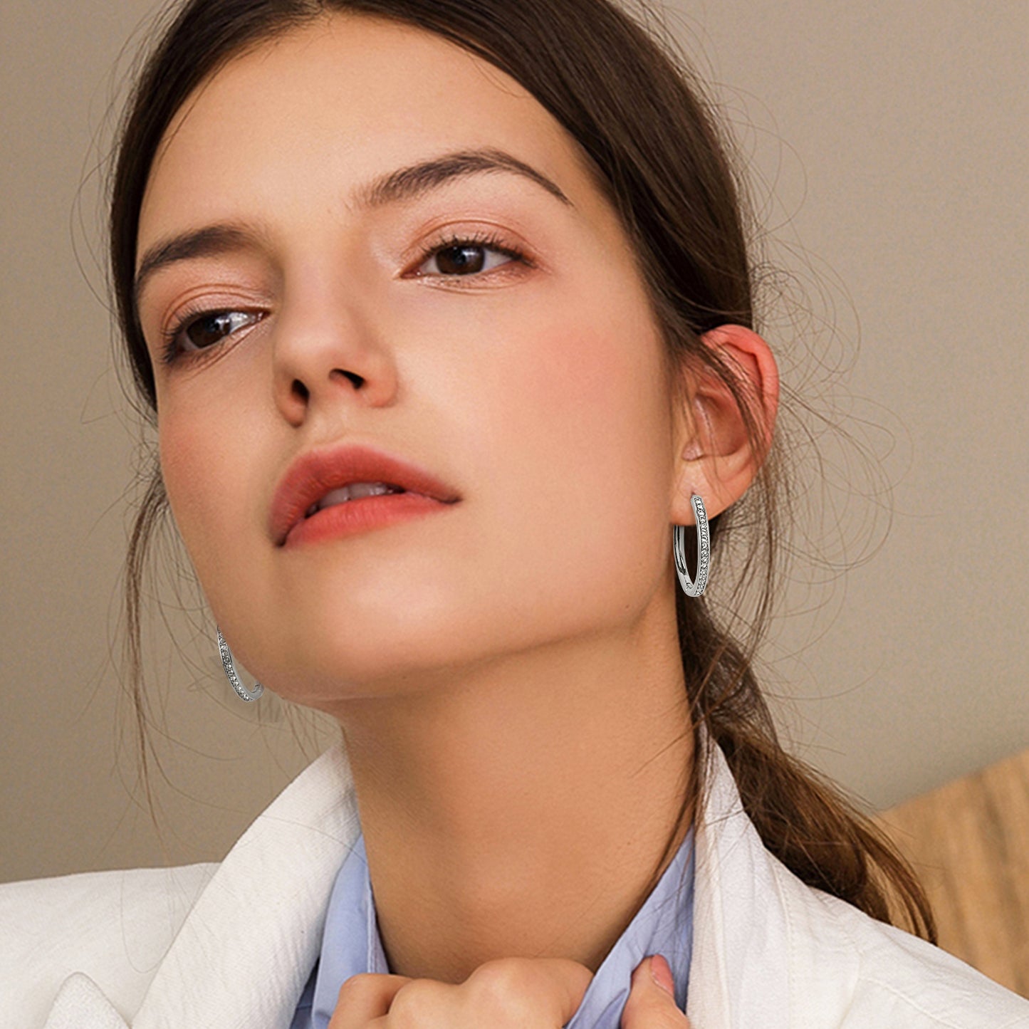 Loritta 18k White Gold Hoop Earrings Female Gewelry with Swarovski Crystals Best Gift for Mother's Day
