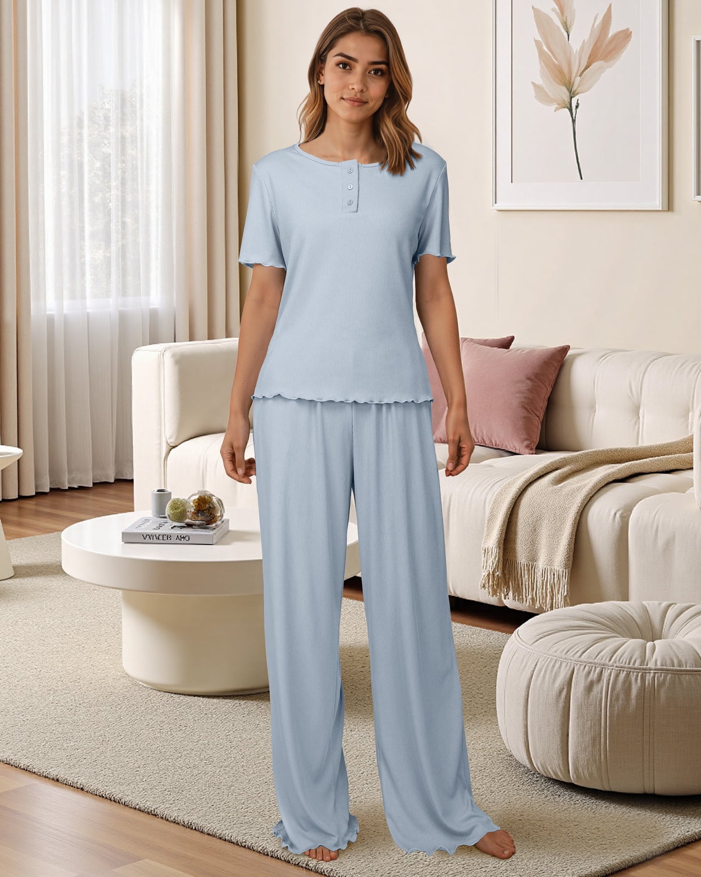Loritta Womens Pajamas Knit Long Pants Lounge Sets 2 Piece For Women Fall Blue