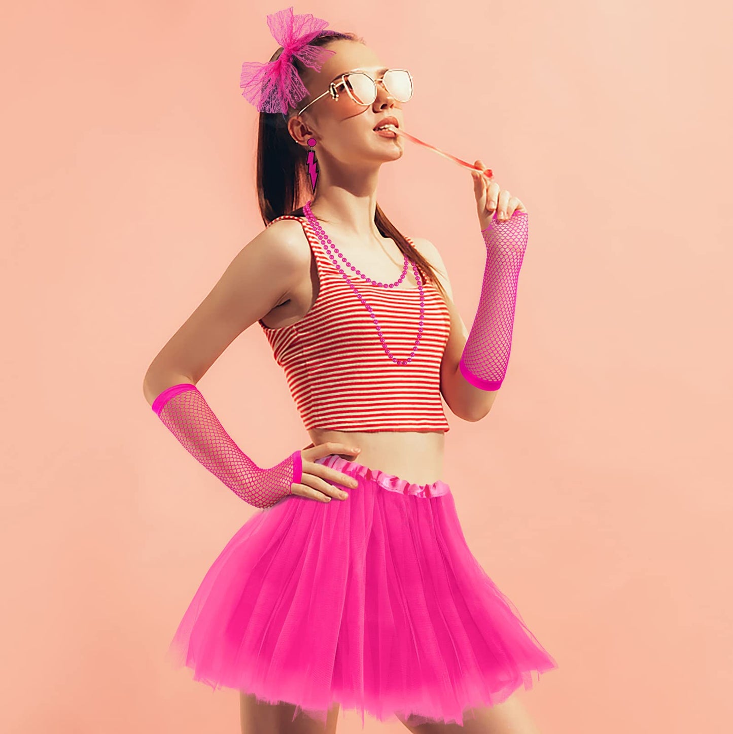 Loritta Women 80s Neon Costume Set Outfit Accessories Set Earrings Fishnet Gloves Leg Warmers Necklace Bracelet Headband