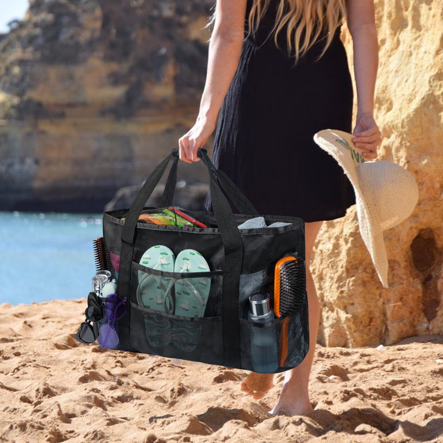 Loritta Mesh Beach Tote Oversized Waterproof with Inner Pocket Extra Large Beach Bag 24x14.6x7.5