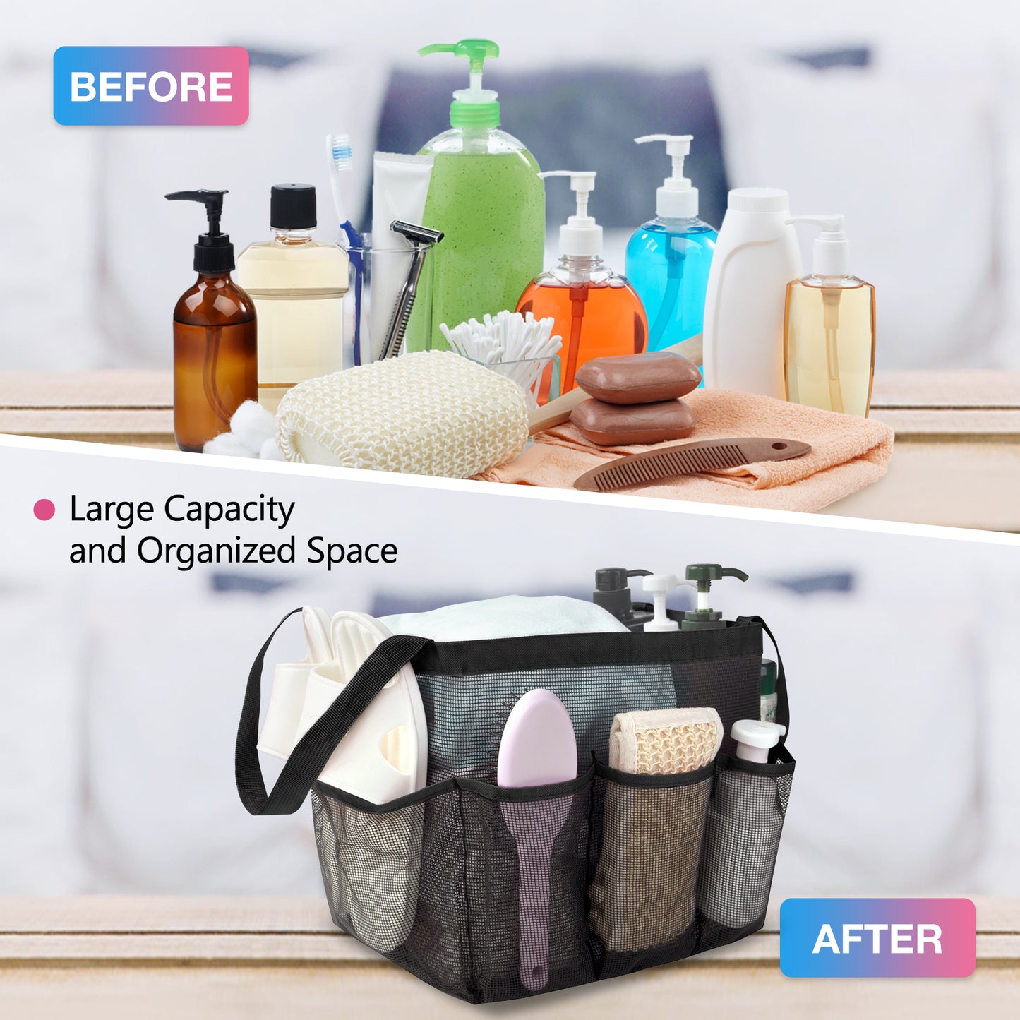 Loritta XL Mesh Shower Caddy Portable with 8 Pockets Large Capacity Quick Dry Dorm Shower Tote Bag