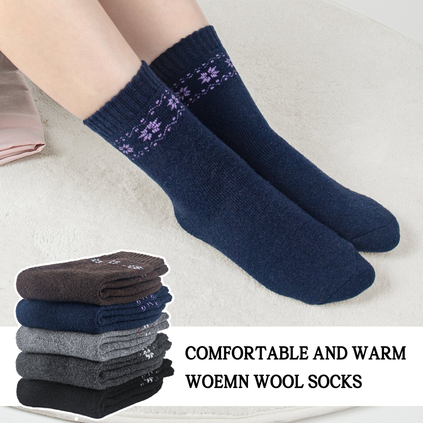 Loritta 5 Pairs Womens Wool Socks Vintage Warm Winter Socks Thick Cozy Socks Knit Casual Crew Socks Gifts for Women