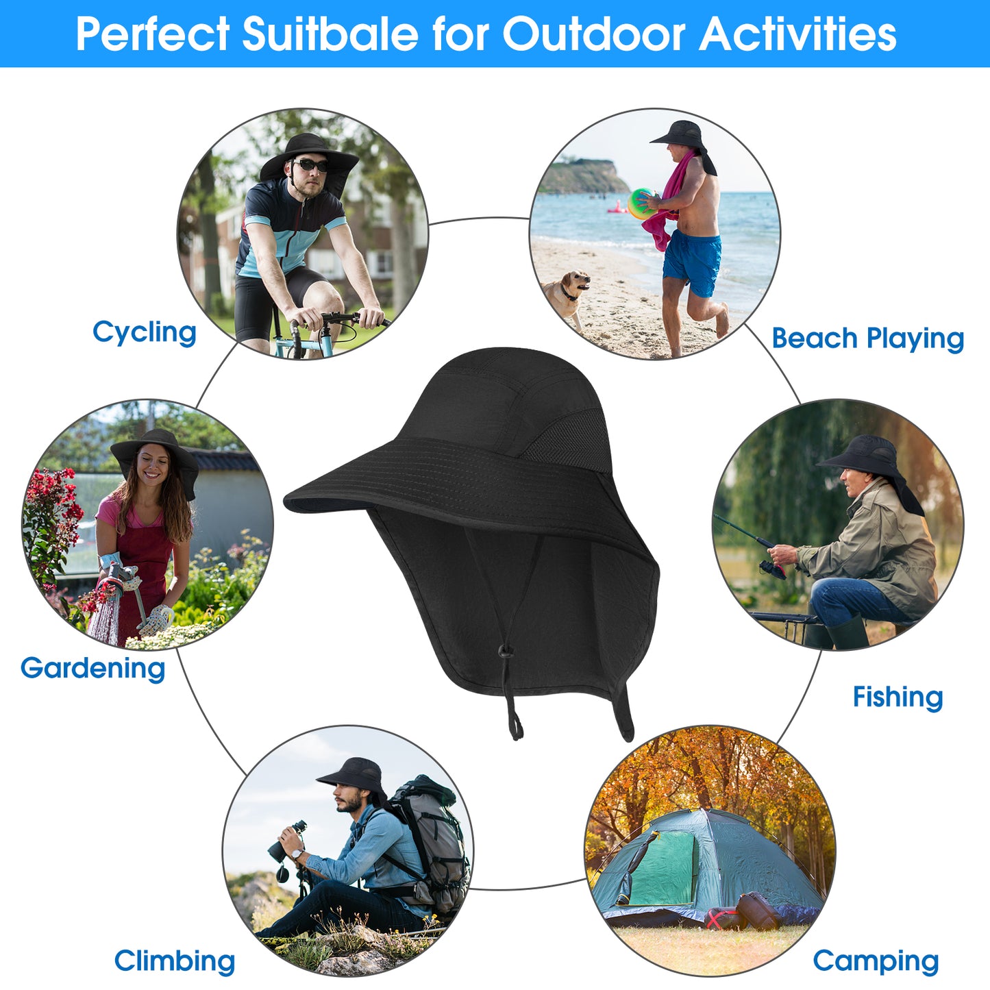 Loritta Sun Hat for Men and Women，Waterproof Nylon UPF 50+ Sun Protection Wide Brim Hat with Large Neck Flap Hiking Fishing Hats