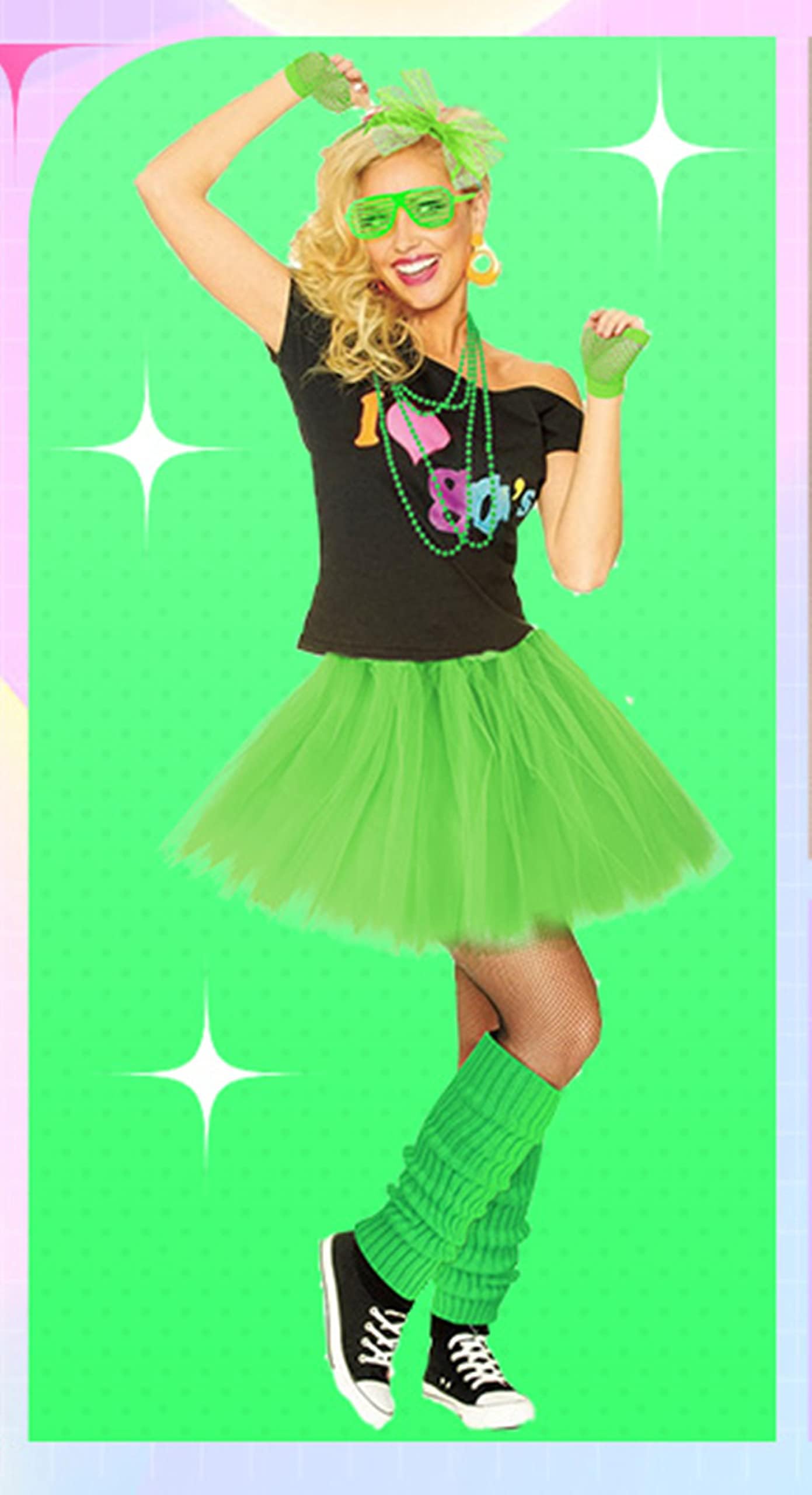 Loritta Women 80s Neon Costume Set Outfit Accessories Set Earrings Fishnet Gloves Leg Warmers Necklace Bracelet Headband