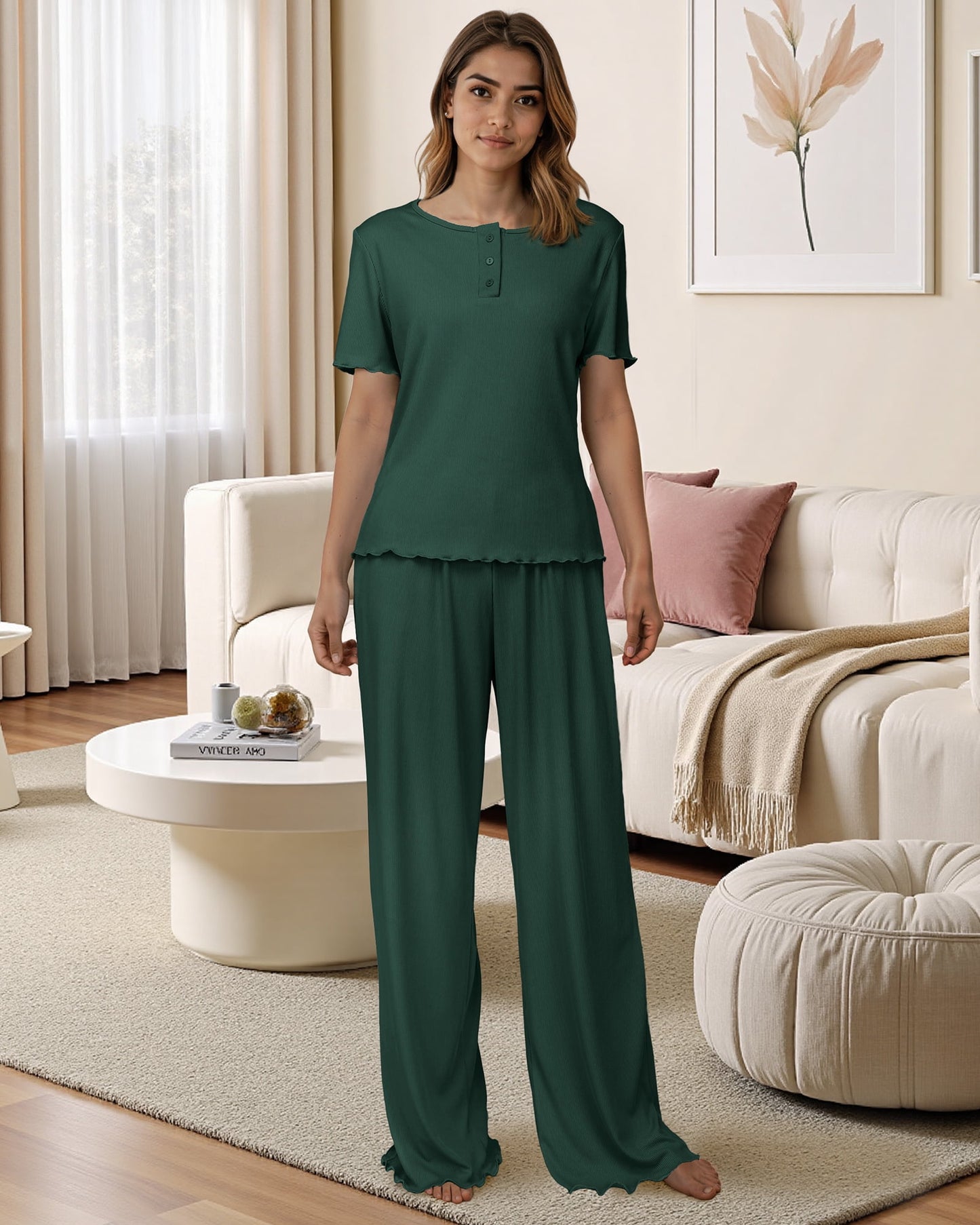 Loritta Womens Pajamas Knit Long Pants Lounge Sets 2 Piece For Women Fall Dark Green