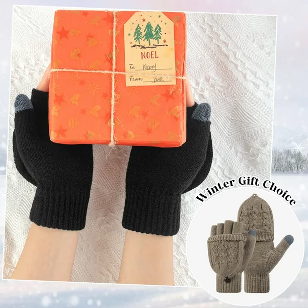 Loritta Winter Gloves Warm Wool Knit Flip Fingerless Gloves Mittens for Women Gifts