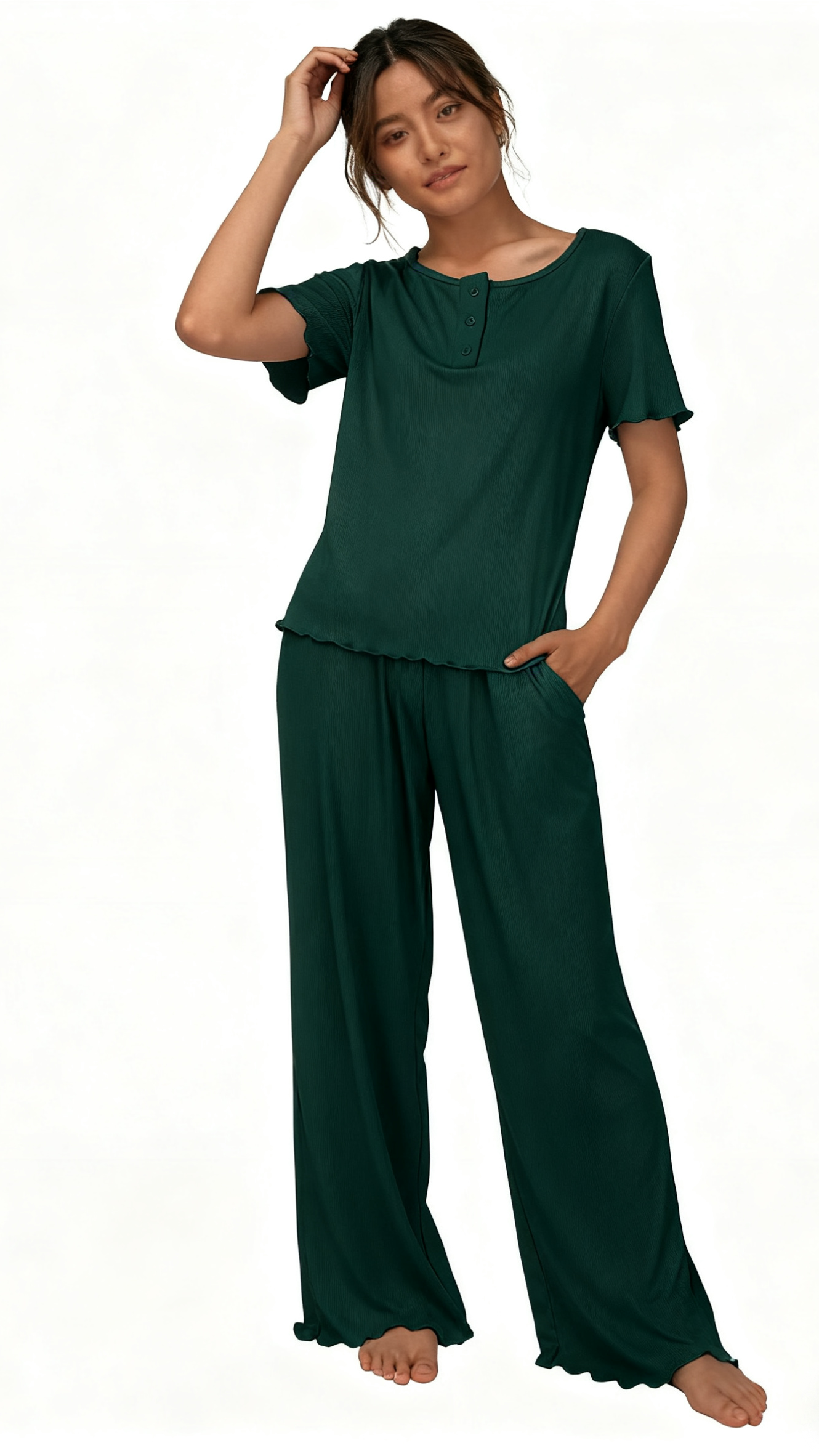 Loritta Womens Pajamas Knit Long Pants Lounge Sets 2 Piece For Women Fall Dark Green