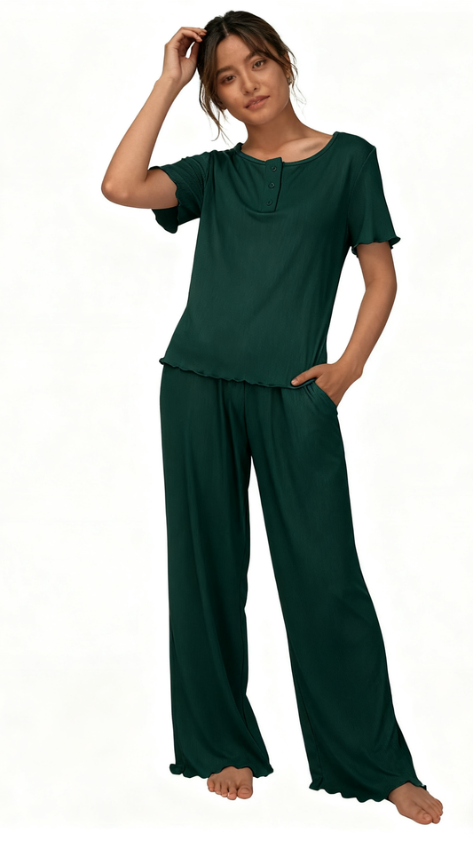 Loritta Womens Pajamas Knit Long Pants Lounge Sets 2 Piece For Women Fall Dark Green