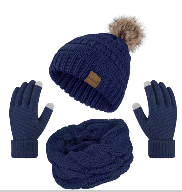 Loritta Women's Winter Warm Sets Knitted Fur Pompoms Beanie Hat Circle Loop Scarf Touch Screen Gloves Winter Favor Accessories