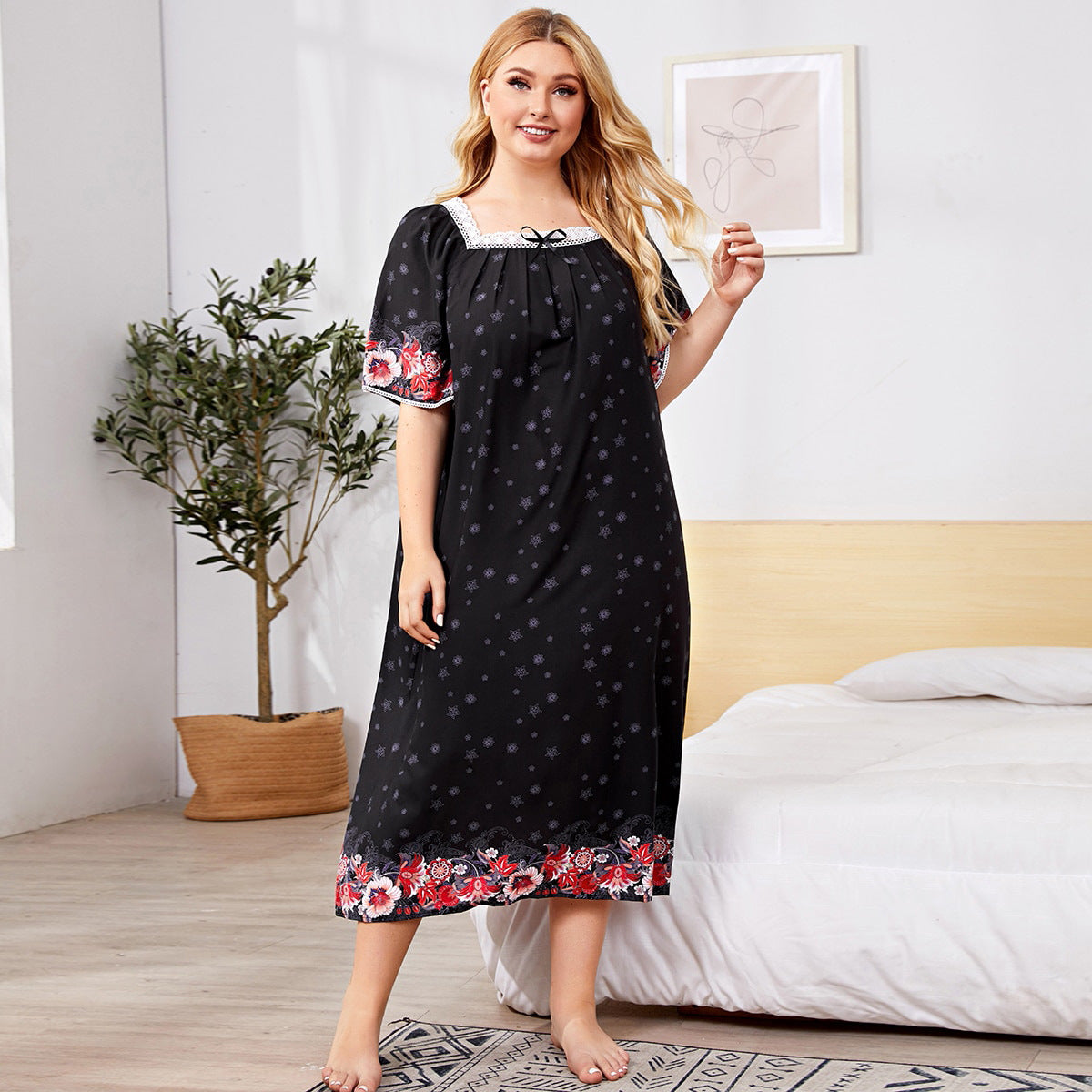 Loritta Plus Size Womens Nightgowns Soft V-neck Sleep Shirt Short Sleeve Nightshirt Floral Print Sleepwear, with Two Scrunchies