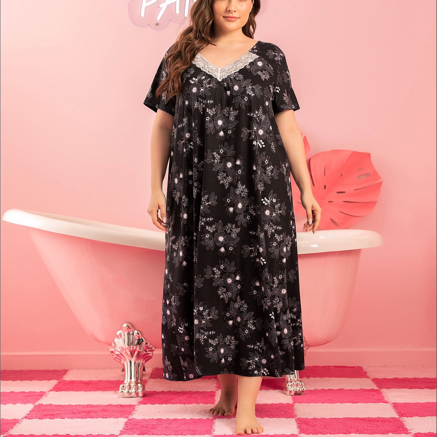 Loritta Plus Size Womens Nightgowns Soft V-neck Sleep Shirt Short Sleeve Nightshirt Floral Print Sleepwear, with Two Scrunchies