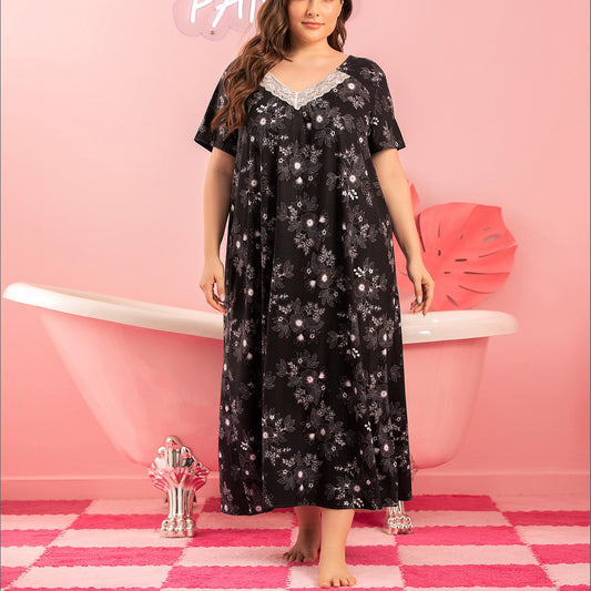 Loritta Plus Size Womens Nightgowns Soft V-neck Sleep Shirt Short Sleeve Nightshirt Floral Print Sleepwear, with Two Scrunchies