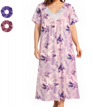 Loritta Plus Size Womens Nightgowns Soft V-neck Sleep Shirt Short Sleeve Nightshirt Floral Print Sleepwear, with Two Scrunchies