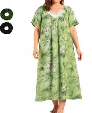 Loritta Plus Size Womens Nightgowns Soft V-neck Sleep Shirt Short Sleeve Nightshirt Floral Print Sleepwear, with Two Scrunchies