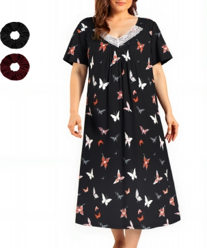 Loritta Plus Size Womens Nightgowns Soft V-neck Sleep Shirt Short Sleeve Nightshirt Floral Print Sleepwear, with Two Scrunchies