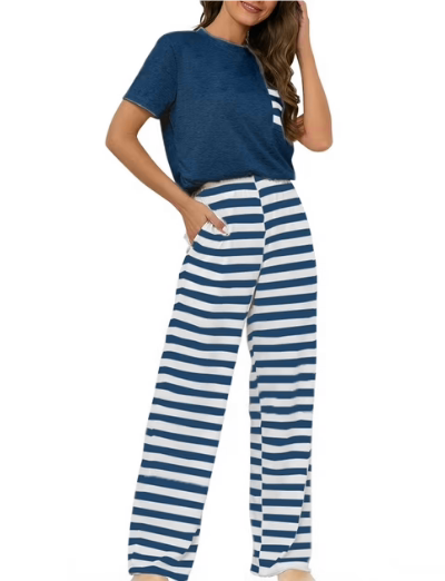 Loritta Lounge Set Womens 2 Piece Outfits Short Sleeve Round Neck Pjs Sleepwear Striped Pants S-2XL