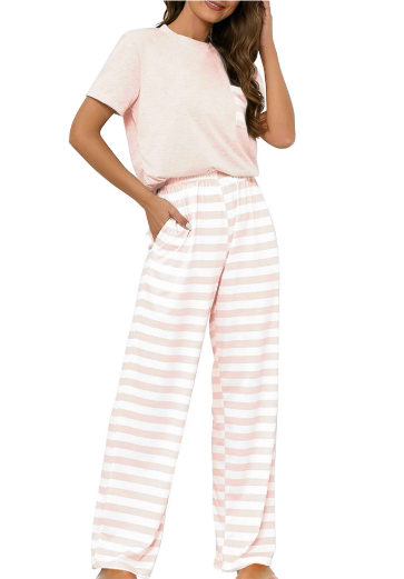 Loritta Lounge Set Womens 2 Piece Outfits Short Sleeve Round Neck Pjs Sleepwear Striped Pants S-2XL