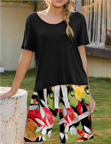 Loritta Lounge Set for Women 2 Piece Outfits Short Sleeve Round Neck Pjs Sleepwear