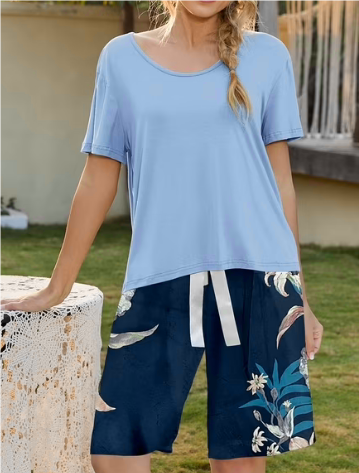 Loritta Lounge Set for Women 2 Piece Outfits Short Sleeve Round Neck Pjs Sleepwear