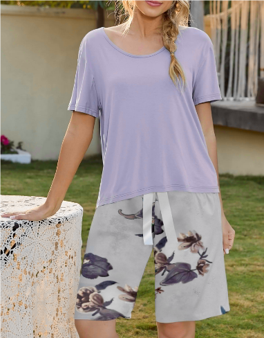 Loritta Lounge Set for Women 2 Piece Outfits Short Sleeve Round Neck Pjs Sleepwear