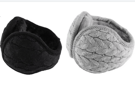 Loritta 2 Pacs Black and Gray Winter Earmuffs for Women Men Foldable Warm Ear Muffs Cable Knit Fleece Ear Warmer
