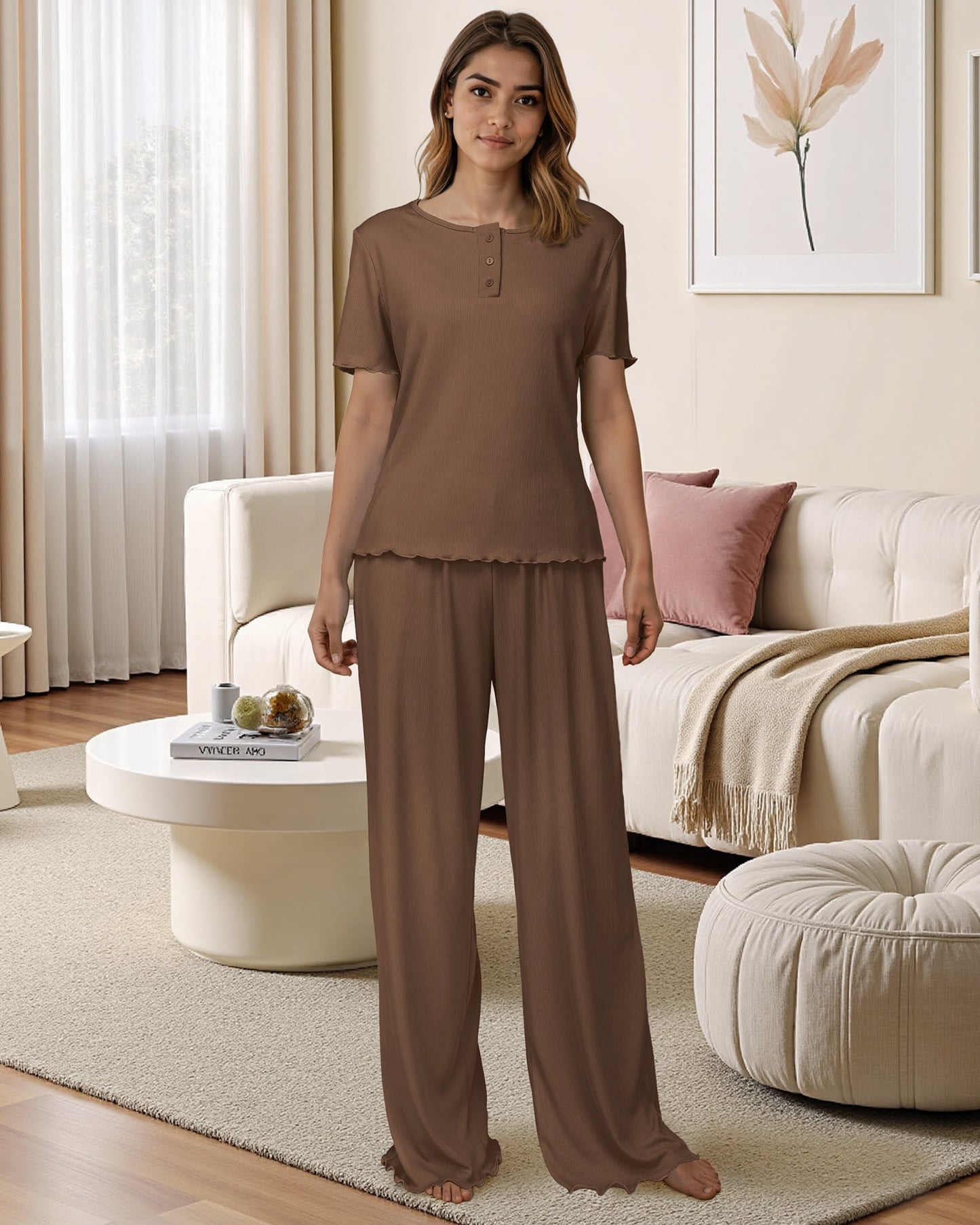 Loritta Womens Pajamas Knit Long Pants Lounge Sets 2 Piece For Women Fall Brown