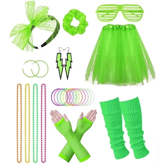 Loritta Women 80s Neon Costume Set Outfit Accessories Set Earrings Fishnet Gloves Leg Warmers Necklace Bracelet Headband