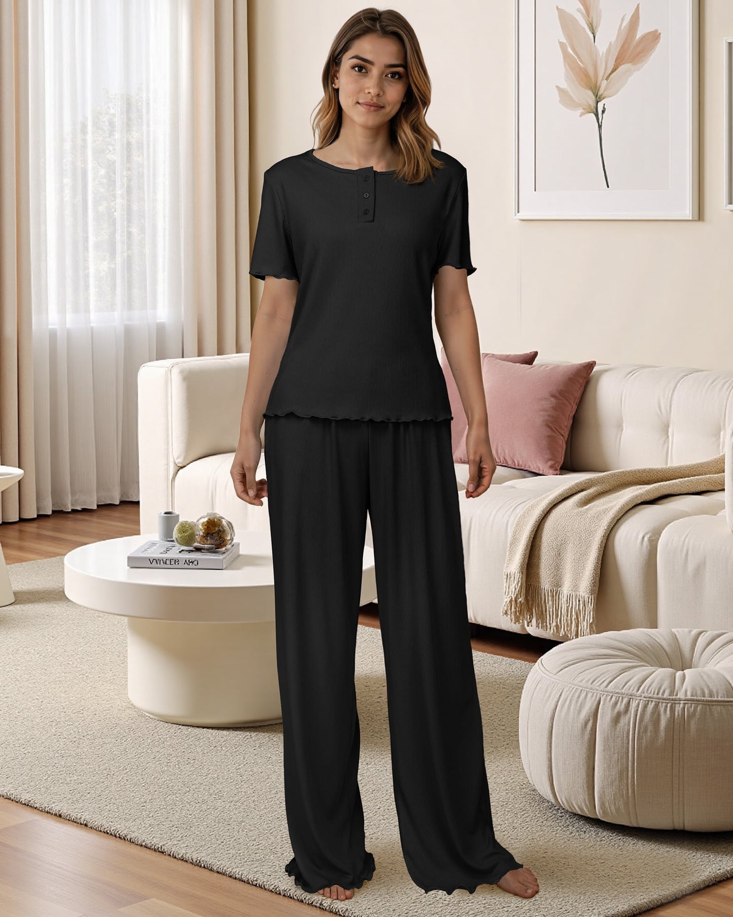 Loritta Womens Pajamas Knit Long Pants Lounge Sets 2 Piece For Women Fall Black