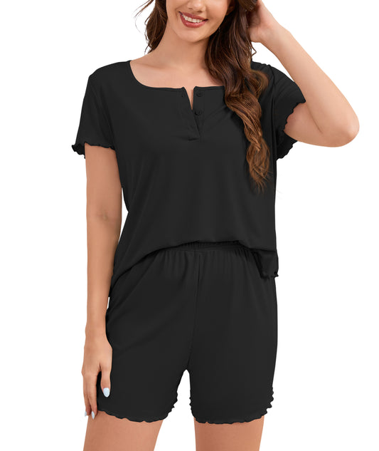 Loritta Womens Pajamas Knit Short Sleeve lounge sets 2 piece For Women Summer Black